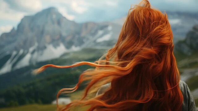 A woman with long red hair is standing in front of a mountain
