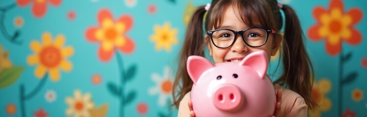 Smiling child with glasses holds pink piggy bank. Girl learns about saving money. Bright floral wallpaper background. Financial education concept.
