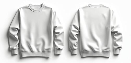 Front, back views of plain white crewneck sweatshirt laid flat on white background. Simple garment suitable for customization projects, design mockups, as basic apparel item for casual wear.