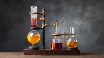 Vintage laboratory glassware with colorful liquids, chemical reactions, and elegant design depicting the art of science and experimentation in a dark setting