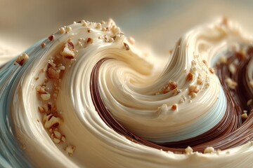 A close-up of swirling cream and chocolate with crushed nuts, captured in natural lighting with rich color grading.