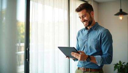 Smiling man in denim shirt uses tablet by office window. He looks happy while holding portable device for online shopping or work. He checks info on screen outdoors