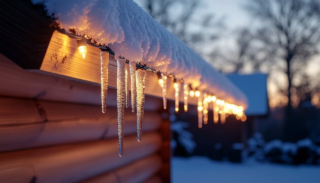 owing Winter Icicles and Christmas Lights Hanging from Snowy Cabin Roof at Dusk