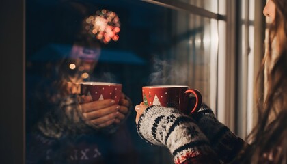 Cozy Holiday Vibes Woman Holding Hot Drink by Window
