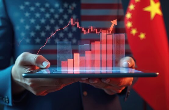 Hands hold modern digital tablet displaying financial growth chart. Rising bar data, arrow overlay US, China flags. Economic relations, global trade, investment, market trends. Analyzing future - Powered by Adobe