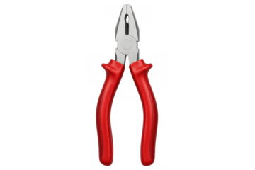 Combination pliers with red handles, metal jaws, and a pivot point, used for electrical work, crafting, and household fixes
