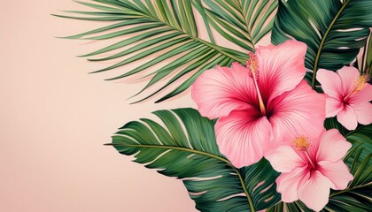 Naklejka premium a tropical delight coconut palm leaf and pink hibiscus flowers on a light pink background