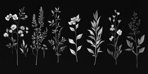 A row of black and white flowers