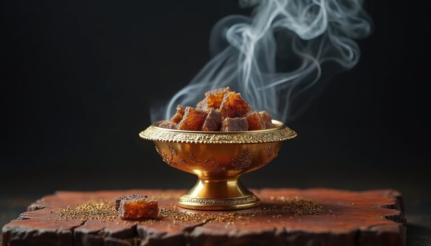 Amber resin pieces smolder in ornate gold bowl releasing fragrant smoke. Aroma drifts upwards from traditional incense, offering spiritual perfumed ambiance. Used for meditation, prayer, home scent.