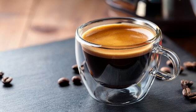 espresso in a clear glass cup rich dark coffee crema - Powered by Adobe