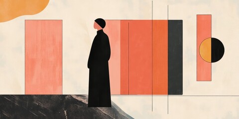 A woman is standing in front of a wall with a red stripe