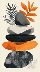 A painting of a stack of rocks with a leaf on top