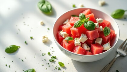 Fresh watermelon cubes with white feta cheese, green basil leaves in white bowl. Vibrant summer salad looks healthy, refreshing, perfect for light meal on sunny day. Embodies cheerful, seasonal mood,