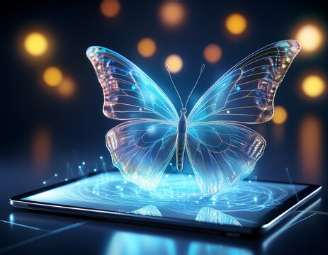 digital metamorphosis a luminous butterfly hologram takes flight from a tablet screen - Powered by Adobe