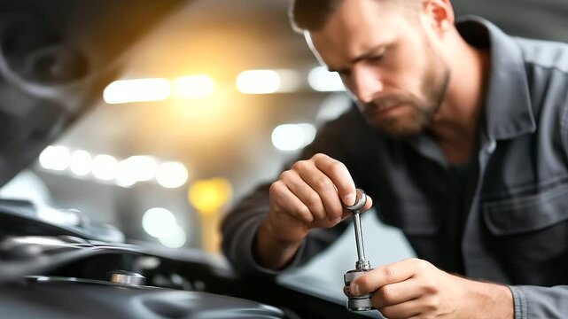 Engine inspection process, mechanic performing service, maintenance procedure active, automotive care moment, professional technician working, diagnostic checking, faceless service