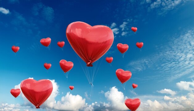 red heart balloons soaring high in a sunny blue sky with fluffy white clouds above - Powered by Adobe