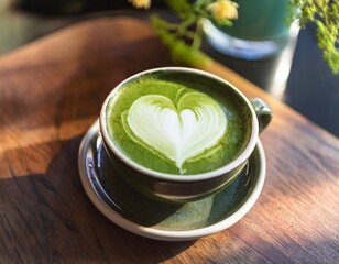 editorial close up photo of japanese green matcha latte with heart latte milk art in ceramic mug flower details on cafe coffee shop table with natural sunlight for alternative healthy beverage drinks