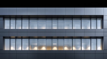 Modern Architectural Facade of a Commercial Building with Symmetrical Windows and Soft Lighting at Night, Showcasing Clean Lines and Contemporary Design