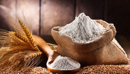 wheat flour in burlap sack with wooden spoon and wheat