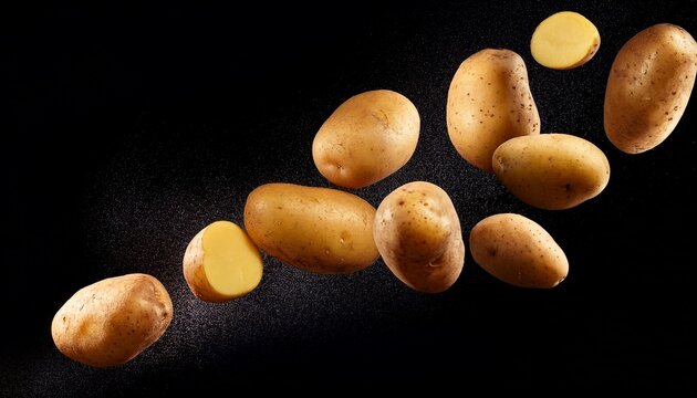 potatoes falling on black background fresh food vegetable harvest
