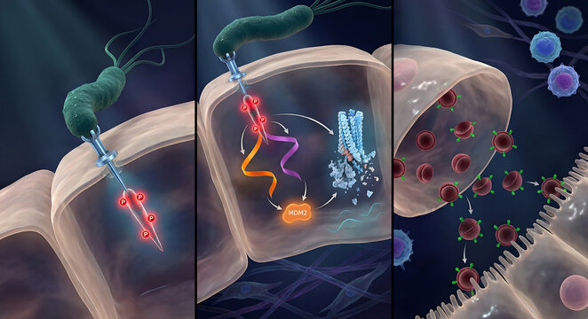 Mechanism of H. pylori-Induced Gastric Cancer: CagA Oncoprotein Triggers p53 Degradation and Exosomal PD-L1 Immune Evasion - 3-Panel Illustration