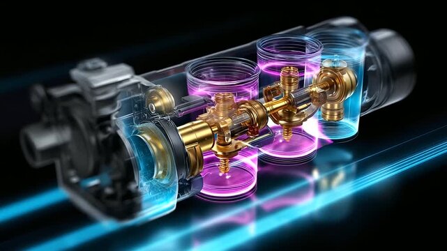 Four-cylinder cross-section, colored pistons visible, intricate component reveal, engineering precision showcase, mechanical detail emphasis, internal combustion anatomy, technical