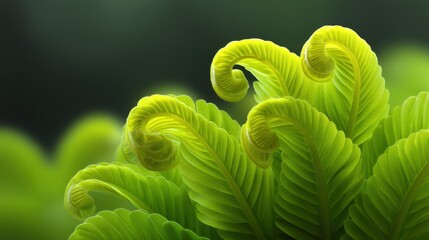 Lush green fern leaves with intricate spirals and soft focus background showcasing vibrant colors and a tranquil nature setting in a serene environment