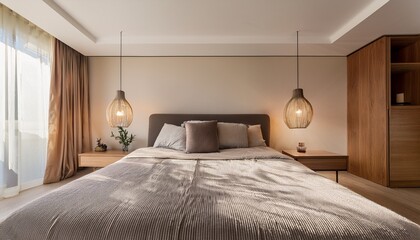 elegantly designed bedroom with soft lighting and earth tones offering relaxation and sophistication with contemporary decoration