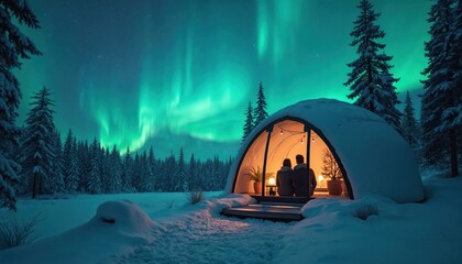 Couple sits inside cozy glass igloo in snowy forest. Watch northern lights display in night sky. Aurora borealis shines green above trees. People relax in warm dome-shaped shelter surrounded by snow,
