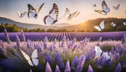 delicate paper butterflies flutter above a field of lavender flowers creating a serene artistic display