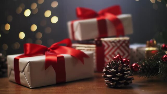 Presents wrapped in white with red ribbons, pinecones, and red berries, blurred background bokeh
