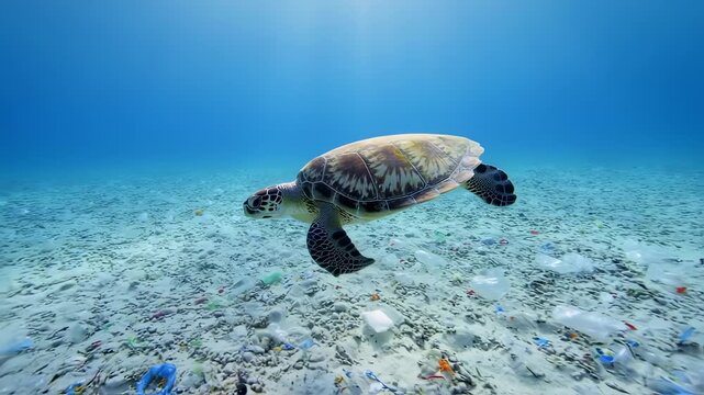 A sea turtle glides through the clear, blue ocean above a seabed littered with trash
