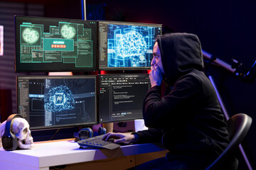 Hacker covering mouth in disbelief, seeing access denied warning on computer when hacking firewalls. Evil man shocked after failing to break into enterprise database, getting cyber attacks rejected