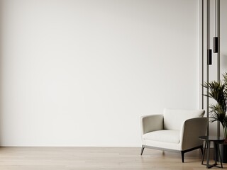 Minimalistic interior lounge living room in cloud dancer trend color 2026 year. White palette design and empty background for art. Wall and furniture light colors. 3d render