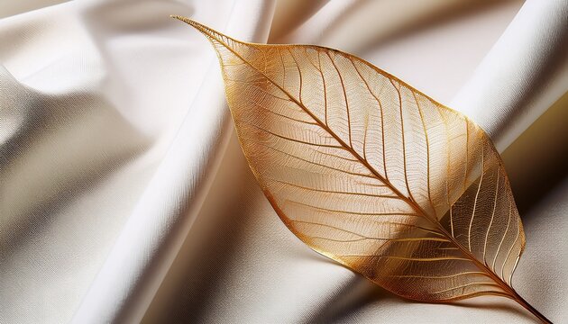 delicate golden leaf skeleton resting on luxurious white fabric background evoking nature s beauty and simplicity