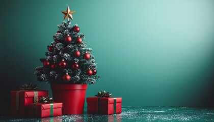 A small Christmas tree in a red pot with gifts around it on a green background, merry christmas decorations.