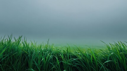 Obraz premium Lush Green Grass Under Mysterious Fog in Early Morning Landscape, Serene Nature Scene Evoking Calmness and Tranquility, Perfect for Background Use
