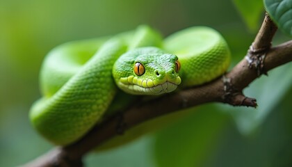 Obraz premium Bright green viper snake rests on tree branch. Orange eyed reptile coiled tightly, scales visible, camouflaged among rich foliage. Focus on head, eye detail, striking natural pose.