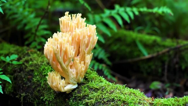 Cream-colored coral mushroom on a mossy log with green foliage in the background