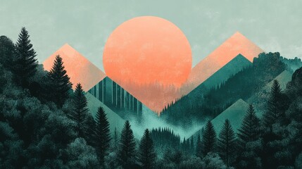 A mountain range with a large orange sun in the sky