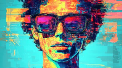 A man with a blue background and a colorful face