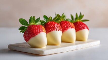 Fresh strawberries dipped in creamy white chocolate, arranged beautifully on a marble serving tray, perfect for dessert presentations and special occasions.