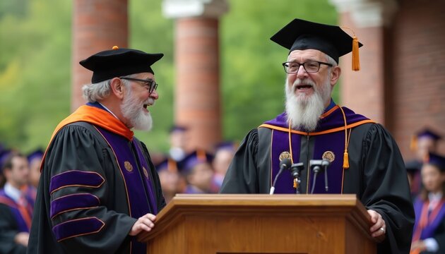 Two professors in academic robes talk during graduation ceremony. Students in caps, gowns in background. One speaker stands at wooden podium addressing attendees outdoors. Festive event honors new - Powered by Adobe