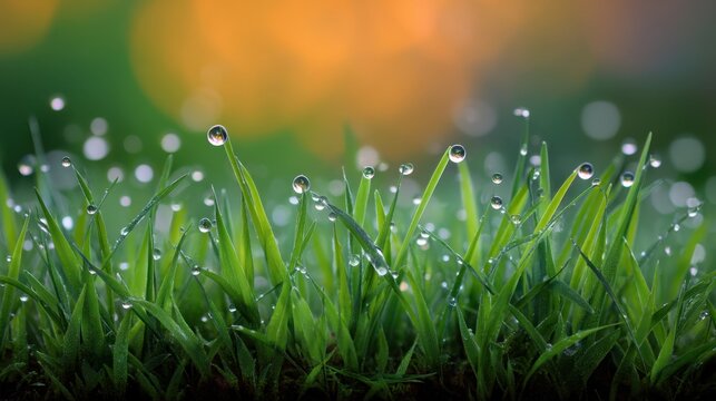 Fresh green grass with dew drops glistening in the early morning sunlight against a blurred nature background with warm colors - Powered by Adobe