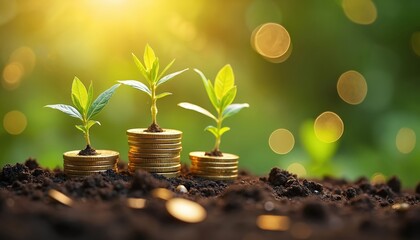 New plants grow from stacks of gold coins in soil. Sunlight shines on small sprouts with green leaves. Concept of financial investment and business growth.