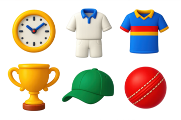 Cricket Icon Set. 3D icon set of cricket formats: test match clock, white kit, colored jersey, trophy cup, cricket cap, match ball