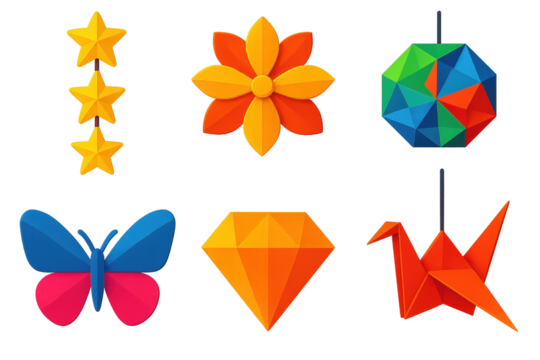 3D Origami Icons. 3D icon set of folded decorations: star garland, paper flower, modular origami ball, folded butterfly, paper