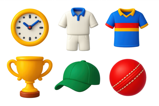 Cricket Icon Set. 3D icon set of cricket formats: test match clock, white kit, colored jersey, trophy cup, cricket cap, match ball