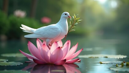 White dove with olive branch rests on pink lotus flower floating on calm water. Serene nature scene with soft sunlight and lush green foliage. Symbolizes peace purity and harmony.