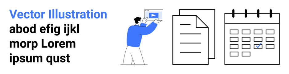 Man holding tablet with video, file stack, marked calendar. Ideal for productivity, digital tools, time management, scheduling, documentation, education simple landing page